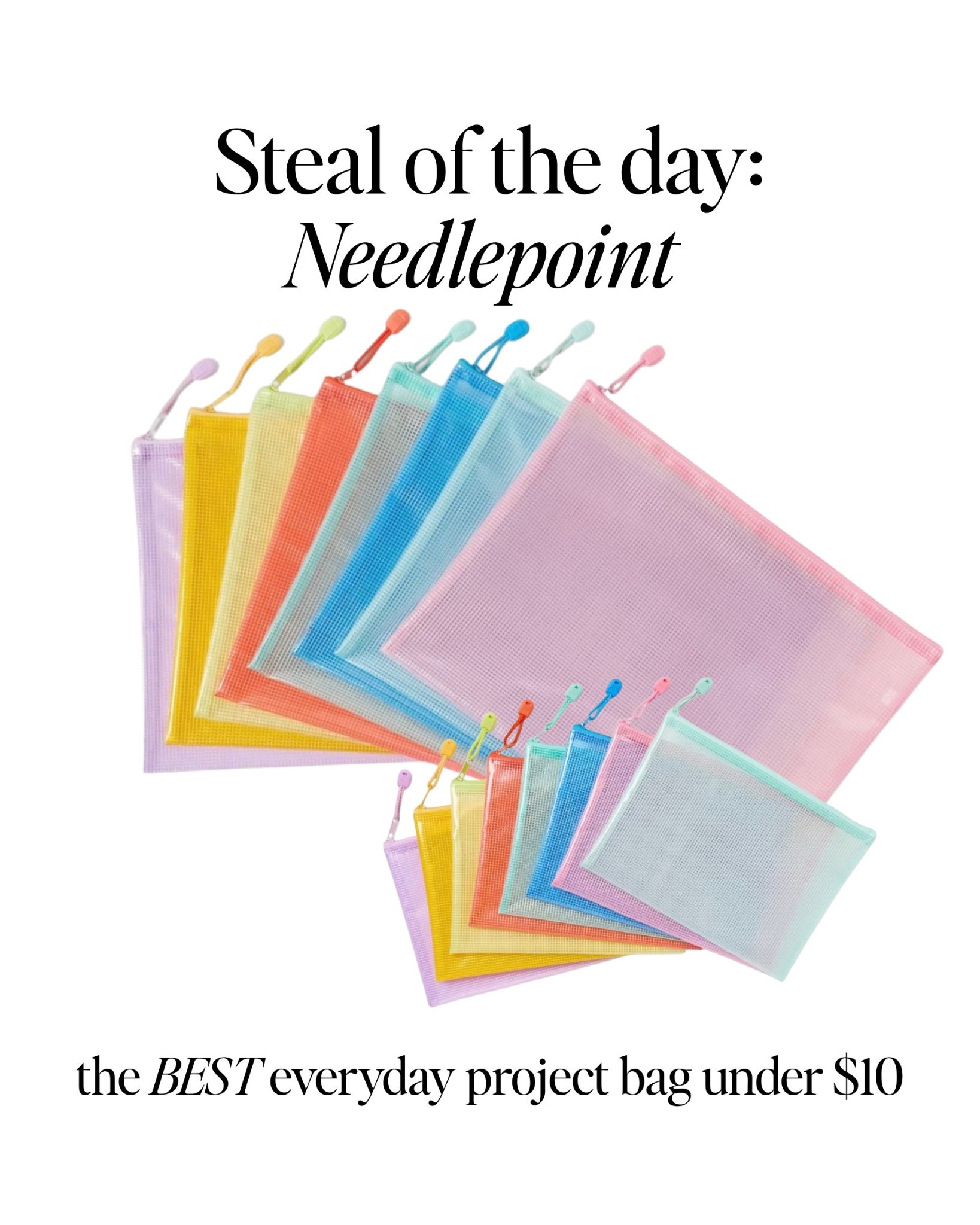 These project bags are my favorite everyday project bags. When you just need one more and don't have enough fancy ones to hold your WIP pile. 
They come in fun colors and two sizes. 
Did I mention you get a set for under $10? Yep, all the colors. 

Run- these never last! 

#needlepoint #ndlpt #wipwednesday #needlepointnation #targetfinds



#LTKmomlife #LTKOver40 #LTKHome