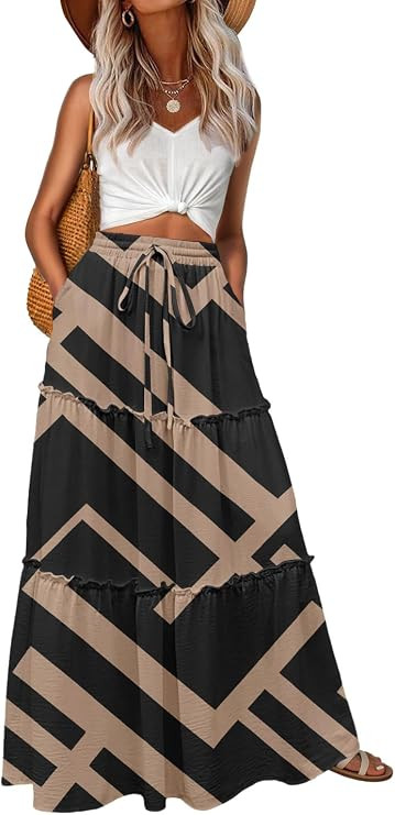 Womens Casual Boho High Waisted Flowy Maxi Skirts Tiered Floral Long Skirts with Pockets for Summ... | Amazon (US)