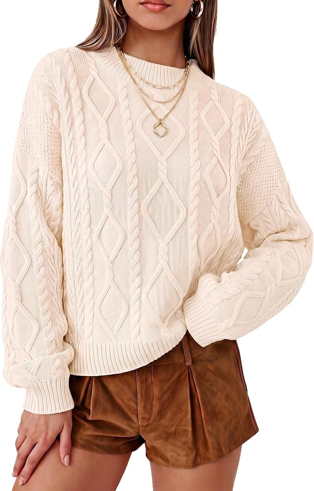 Arach&Cloz Women's Oversized Cropped Cable Knit Casual Sweater Tops | Amazon (US)