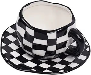 Koythin Ceramic Coffee Mug, Novelty Black and White Plaid Cup with Saucer for Office and Home, Di... | Amazon (US)