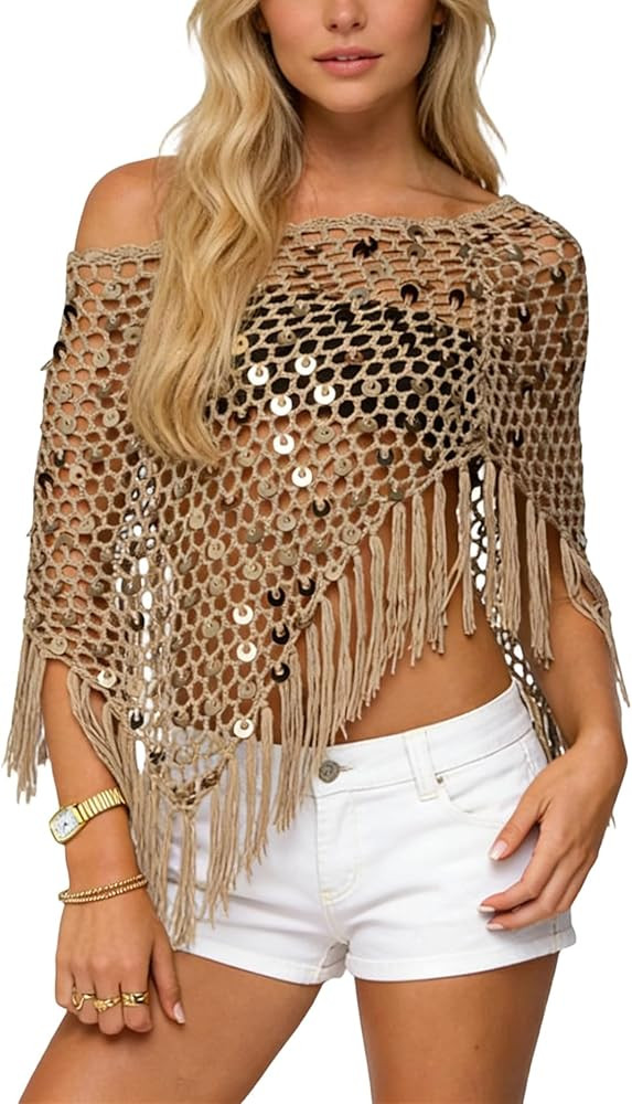 Women Sheer Poncho Tops Crochet Knit Tassels Sequin Shrug Bolero Hollow Out Cover Ups Pullover Sh... | Amazon (US)