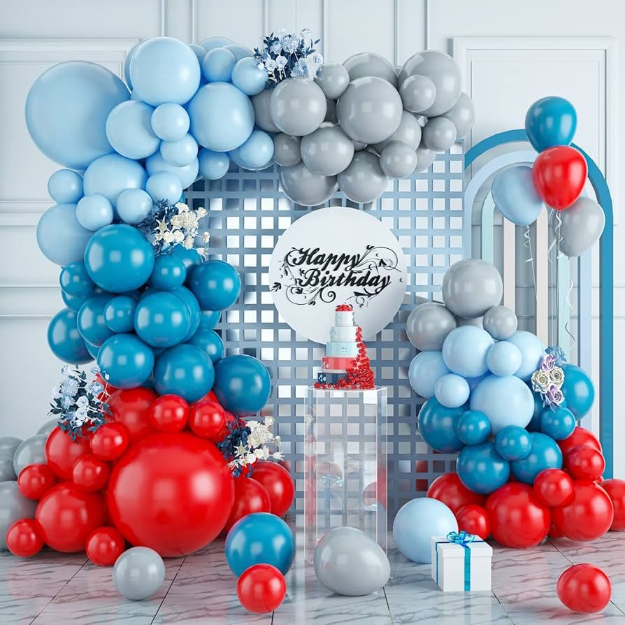 Blue Red Party Balloons, 102pcs Blue Red Balloons Garland Arch Kit, Blue Grey Red 18/12/10/5 Inch... | Amazon (US)