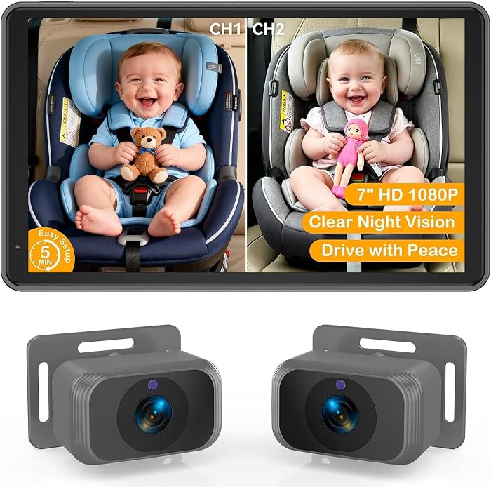 Baby Car Camera for 2 Kids - Dual 1080P HD Cameras with Infrared Night Vision, 7" Split Screen Ba... | Amazon (US)