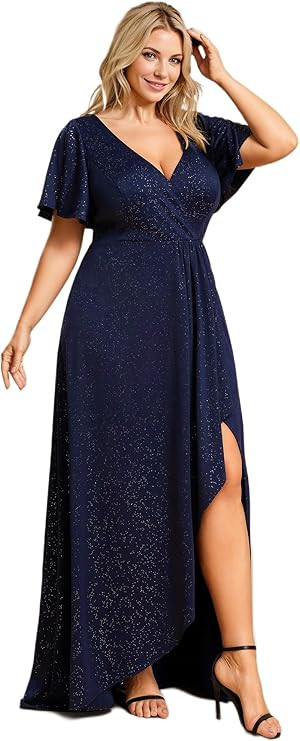 Ever-Pretty Women's Glitter A-line High Low Ruffles Plus Size Formal Dresses with Sleeves 1738-DA... | Amazon (US)