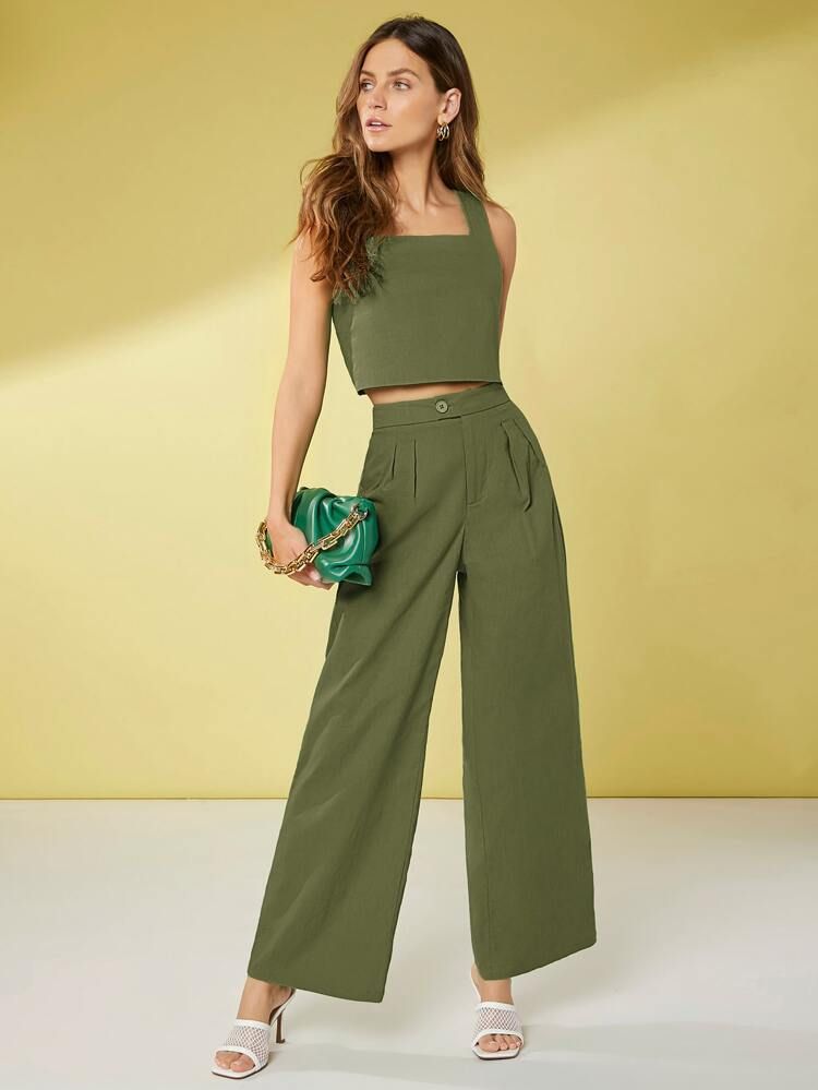 SHEIN Solid Tank Top & Fold Pleated Pants Set | SHEIN