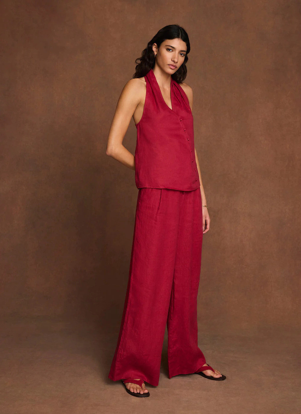 Red Linen Drawstring Wide Leg Trousers | Mint Velvet