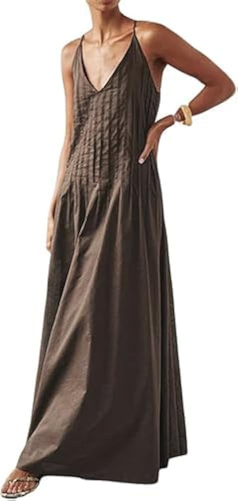 ABINGOO Women Summer Spaghetti Strap Maxi Dresses Sleeveless V Neck Pleated Backless Flowy Loose ... | Amazon (US)