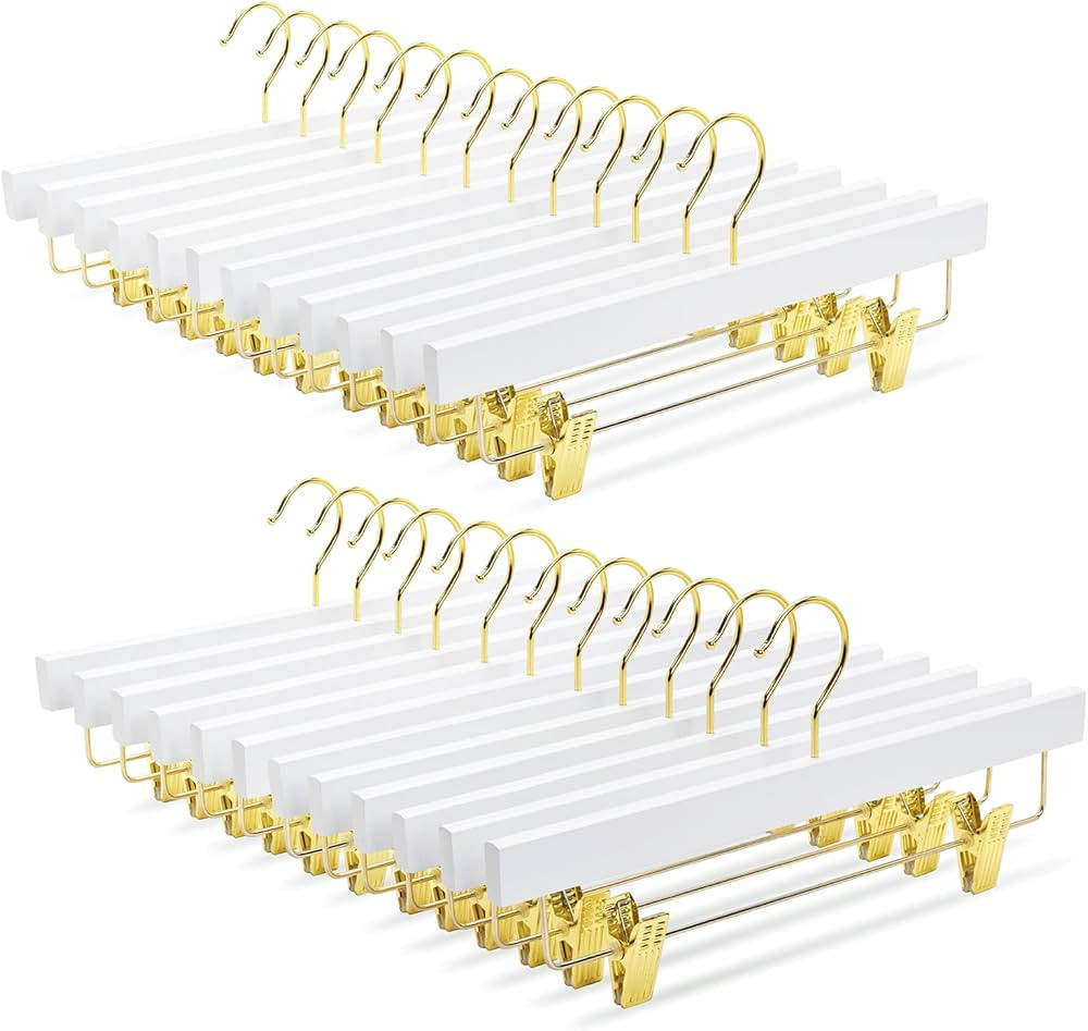 Amber Home 24 Pack White Wooden Pants Hangers with Gold Hook, Wood Skirt Hangers Trouser Hangers ... | Amazon (US)