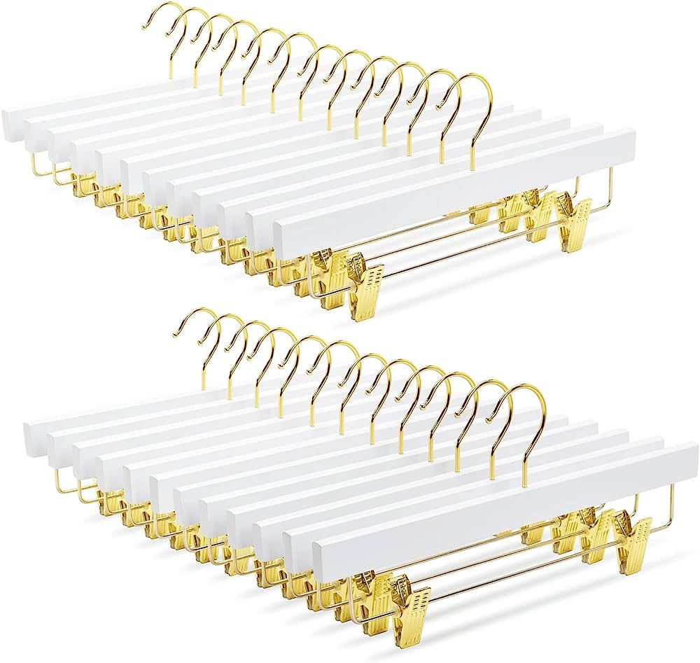 Amber Home 24 Pack White Wooden Pants Hangers with Gold Hook, Wood Skirt Hangers Trouser Hangers ... | Amazon (US)