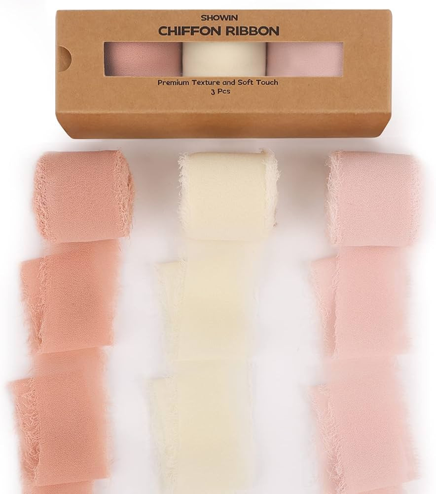 SHOWIN 3 Rolls Cream Pink Handmade Fringe Chiffon Ribbon 1.5 Inch x 7 Yard Silk-Like Ribbon Color... | Amazon (US)