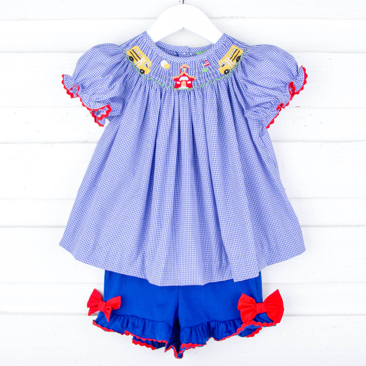 School Bus Smocked Royal Gingham Bishop Short Set | Classic Whimsy