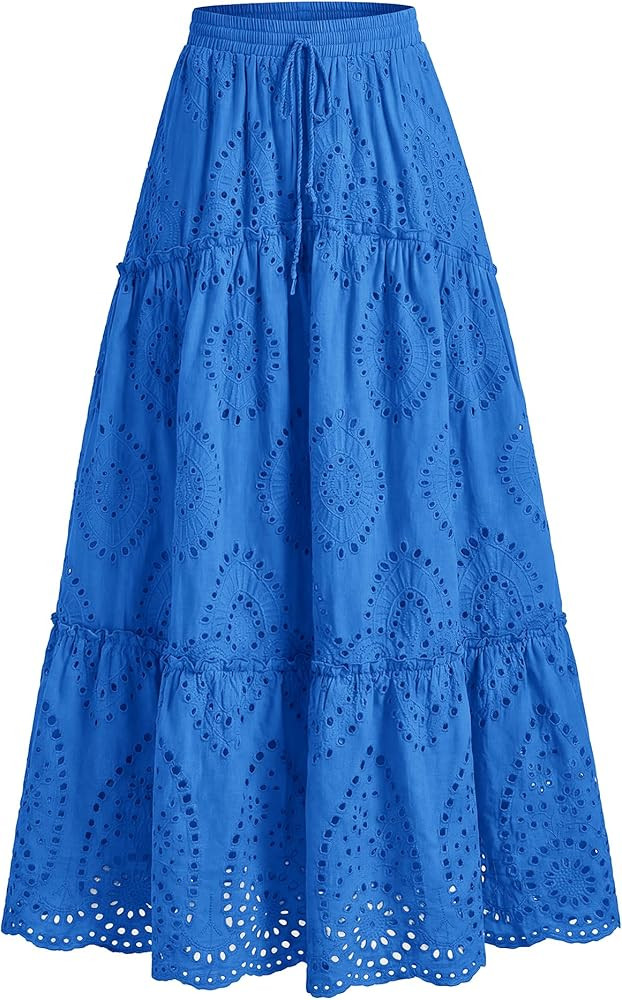 BTFBM Long Skirts for Women Summer 2026 Boho Lace Embroidery High Waist Flowy Tiered Spring Maxi ... | Amazon (US)
