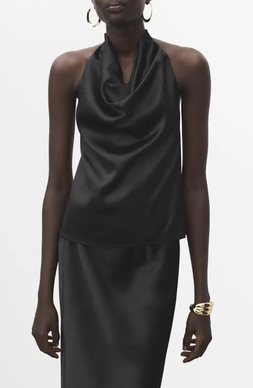 MANGO Drape Halter Neck Satin Top in Black at Nordstrom, Size X-Large | Nordstrom