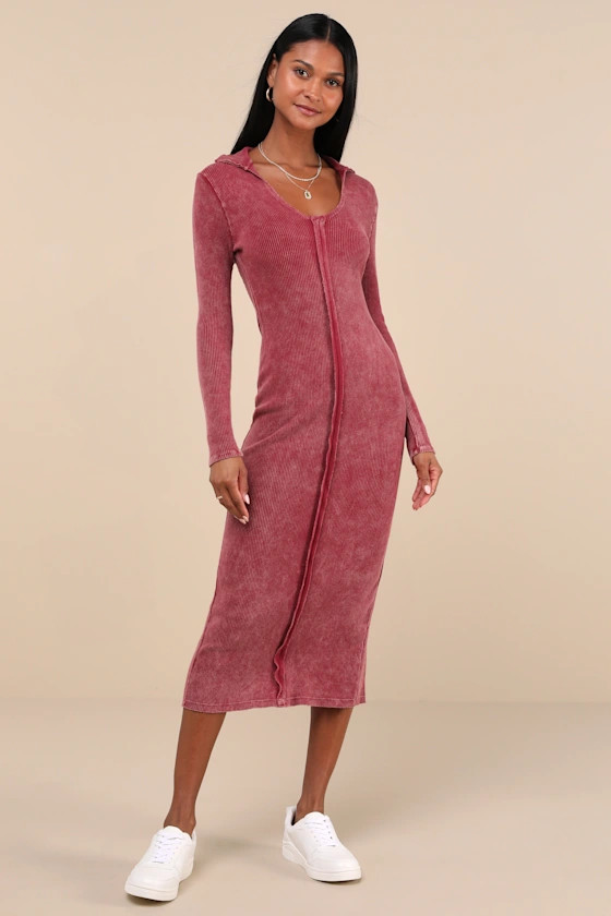 Effortlessly Pristine Washed Berry Ribbed Long Sleeve Midi Dress | Lulus