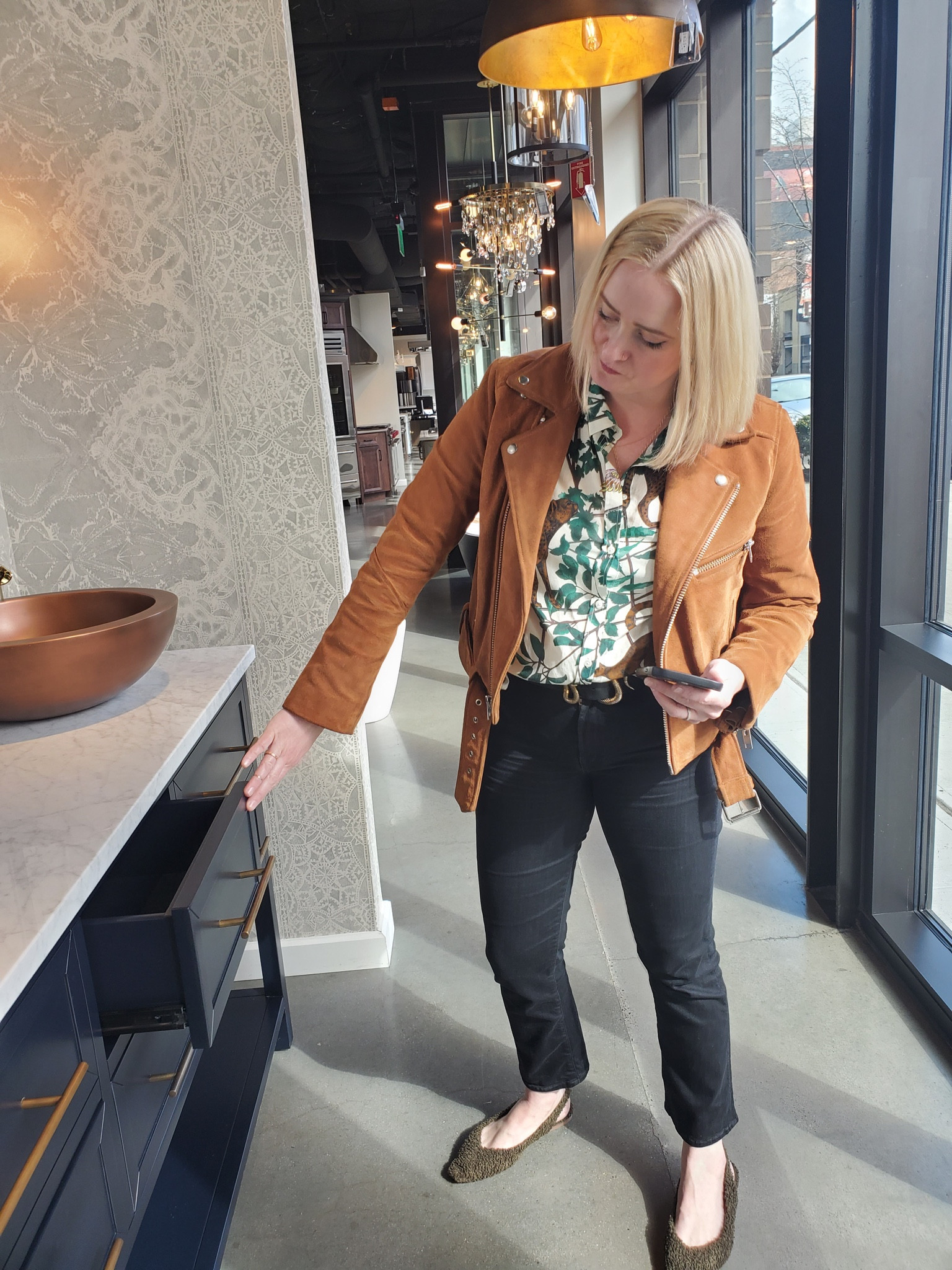 What I wore while shopping at Ferguson for our bathroom renovations - my favorite leather jacket, a tomboy shirt from Sezane and a one of my favorite pairs of jeans  

Products selected are the same style and the closest to my outfit that I can link. 

#LTKworkwear #LTKeurope #LTKSeasonal
