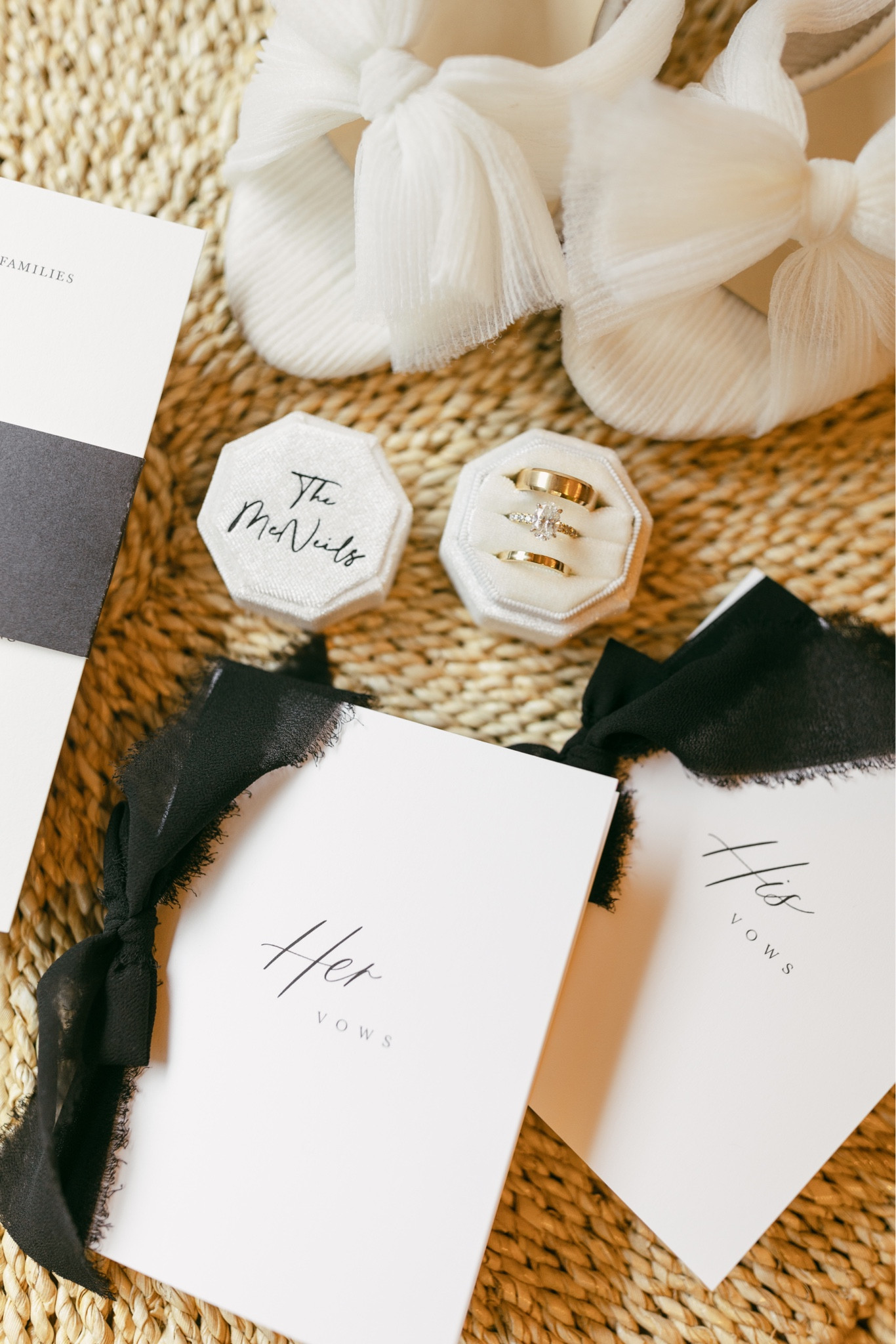 Wedding flat lay details, vow books, ring box, wedding heels 🤍

#LTKwedding
