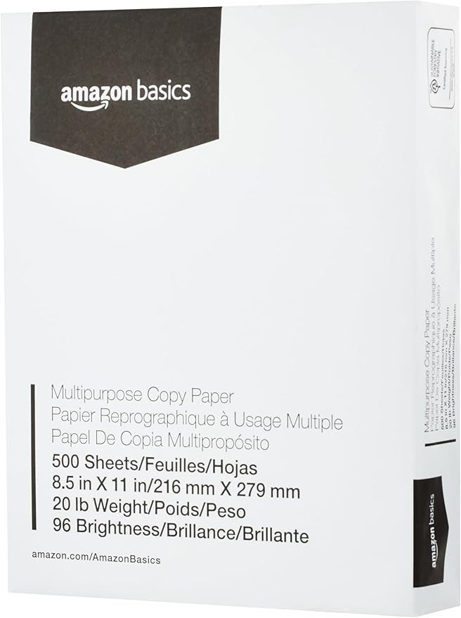 Amazon Basics Multipurpose Copy Printer Paper, 8.5 x 11 Inches , 20 lb, 1 Ream, (500 Sheets), 96 ... | Amazon (US)