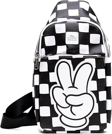 Disney Vegan Leather Crossbody Sling Bag, Mickey Mouse Peace Fingers Applique,Checker Black White... | Amazon (US)