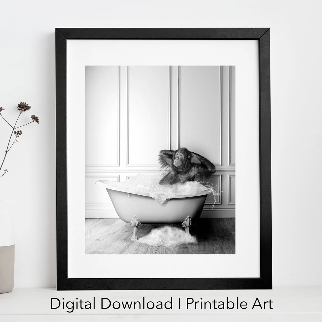 Cute Orangutan in Tub Printable Wall Art | Orangutan Photo | Orangutan Art | Bathroom Art Print | Di | Etsy (US)