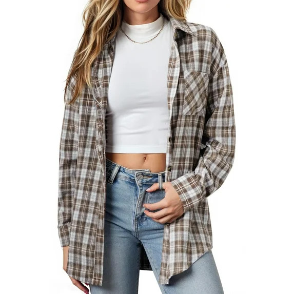 Fantaslook Plaid Shirts for Women Button Down Flannel Shirts Casual Loose Long Sleeve Blouses Top... | Walmart (US)