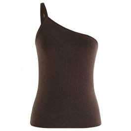 Strappy One-Shoulder Knit Tank Top in Brown | Chicwish