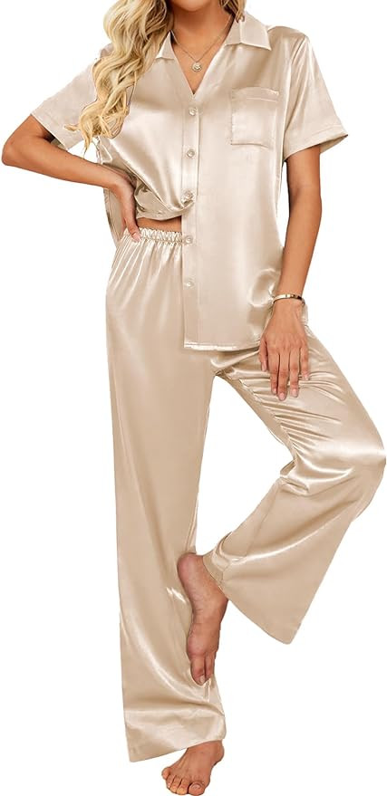 Ekouaer Silk Pajamas for Womens Set 2 Piece Satin Pjs Soft Button Down Sleepwear Wide Leg Long Pa... | Amazon (US)