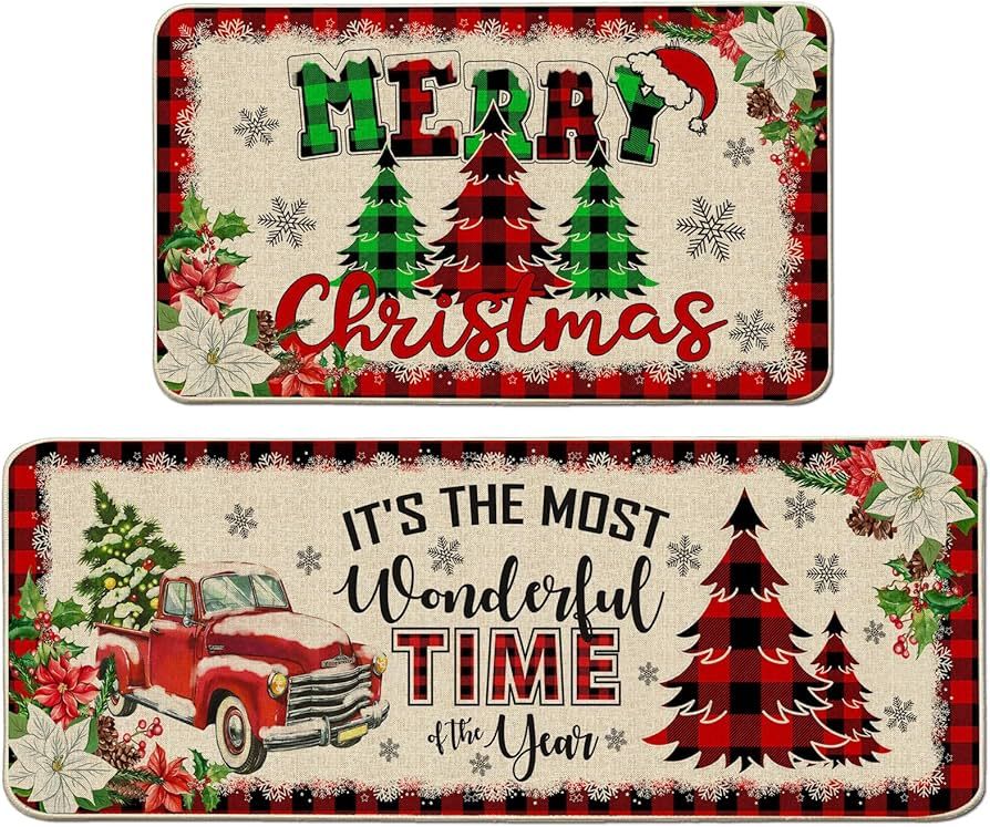 Cusugbaso Christmas Kitchen Mats, Merry Christmas Kitchen Rugs Set of 2 - Red Buffalo Plaid Chris... | Amazon (US)