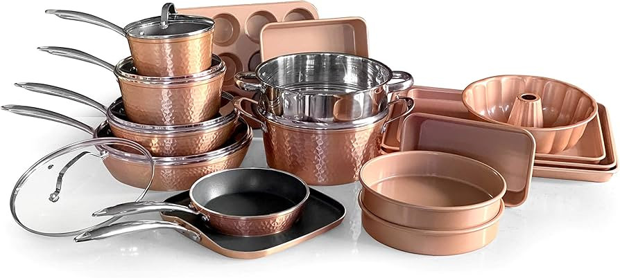 OrGREENiC Rose Hammered Cookware Collection - 22 Piece Set with Lids - Non-Stick Ceramic for Even... | Amazon (US)