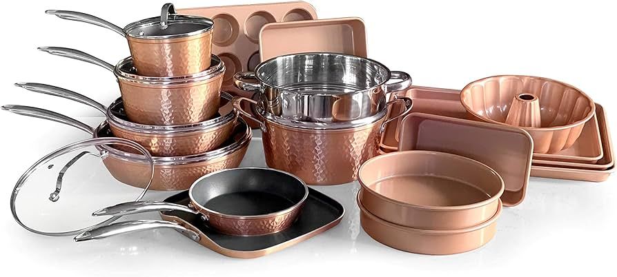 OrGREENiC Rose Hammered Cookware Collection - 22 Piece Set with Lids - Non-Stick Ceramic for Even... | Amazon (US)