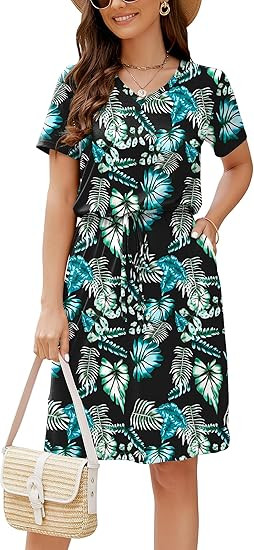 HUSKARY Women Summer Casual Midi Dresses Short Sleeve V Neck Drawstring Knee Length T Shirt Dress... | Amazon (US)