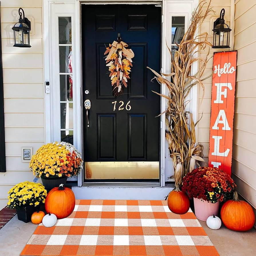 Fall Outdoor Rug Orange Buffalo Plaid Outdoor Rug Cotton Hand-Woven Buffalo Check Rug Layered Doo... | Amazon (US)