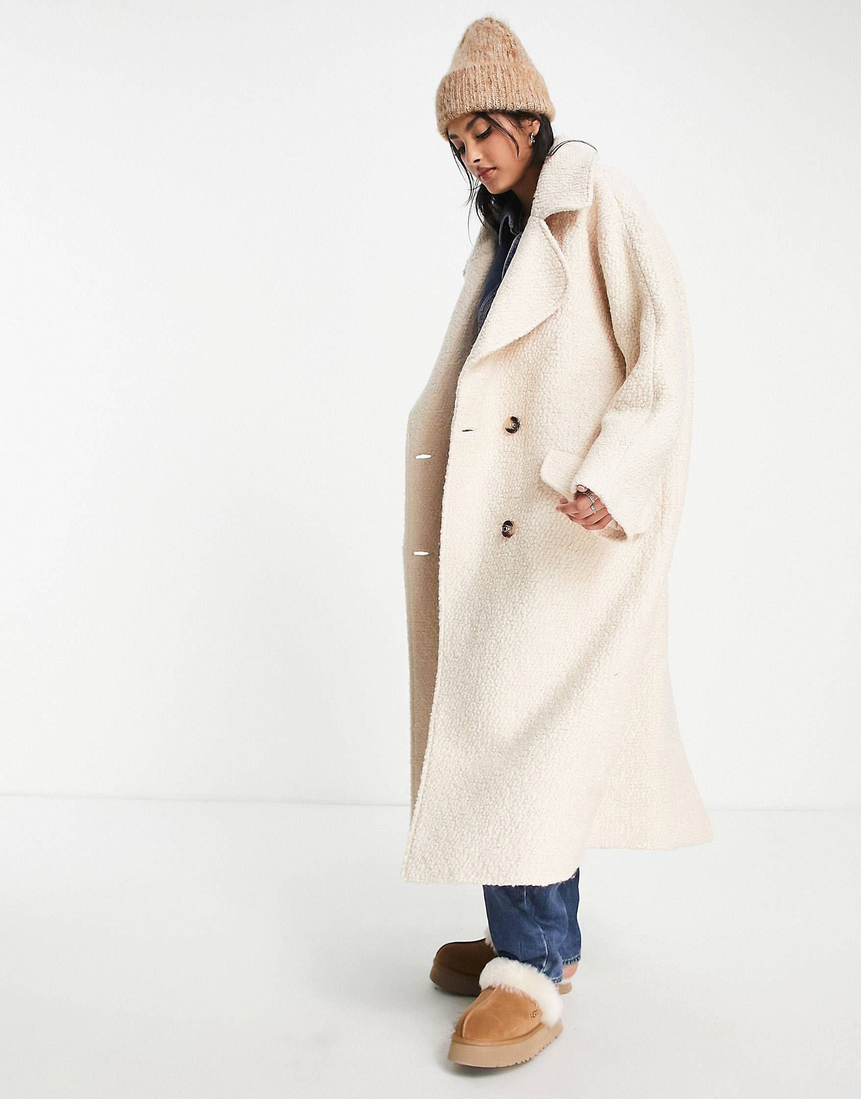 ASOS DESIGN smart double breasted boucle wool mix coat in cream | ASOS (Global)