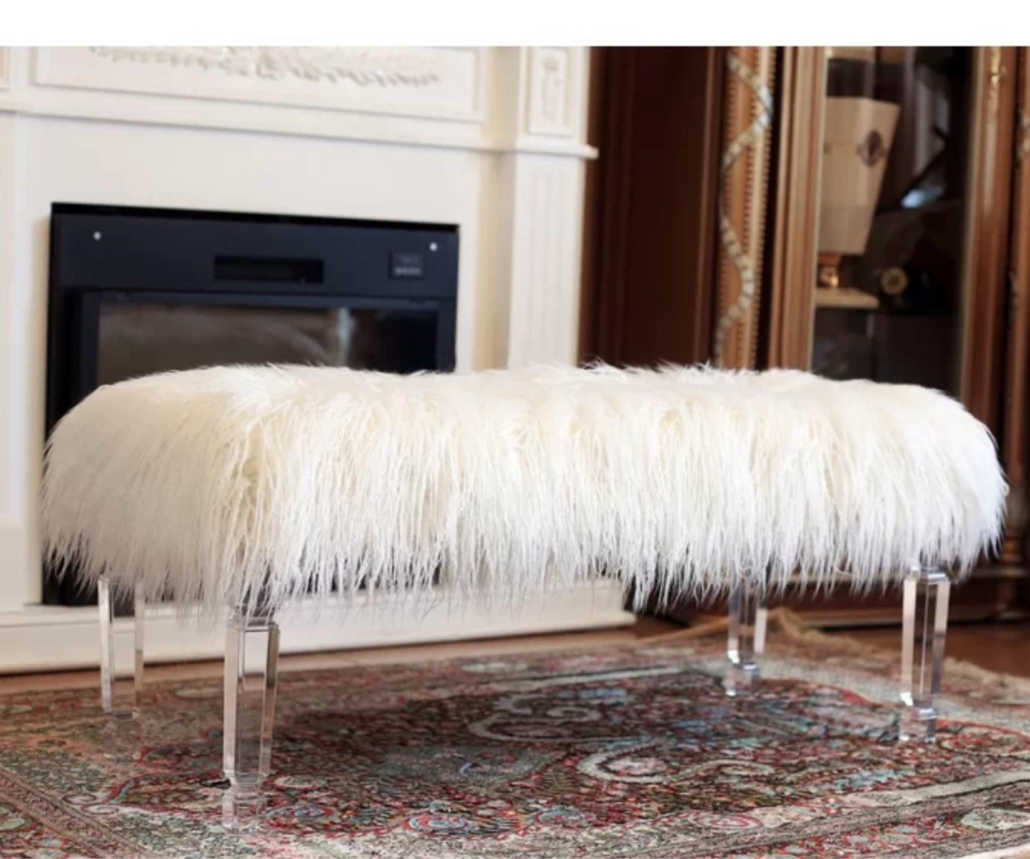 Tomberlin 45" Long Upholstered Bench
with acrylic legs and white long faux Mongolian fur
Bedroom, living room, child’s room 

#LTKHome #LTKSaleAlert