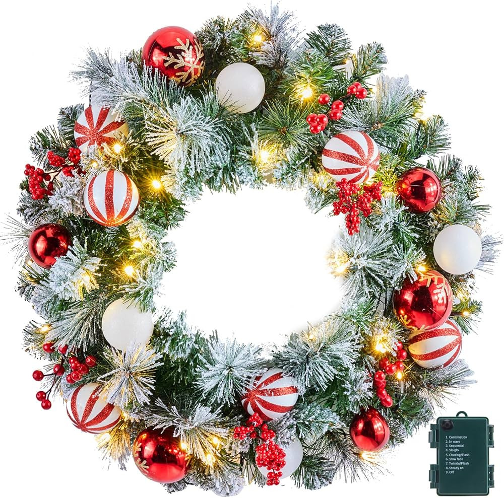 Pre-Lit Artificial Christmas Wreath 24Inch, Christmas Door Decorations Wreath with 50LED Warm Lig... | Amazon (US)