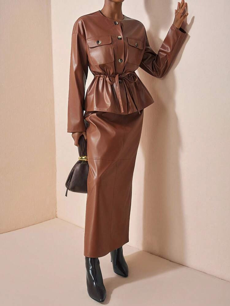 Conjunto polipiel Marrón | SHEIN