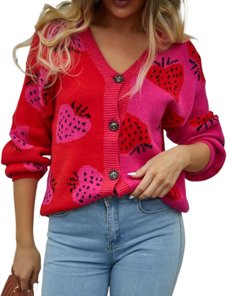 Women's Cute Strawberry Graphic Cardigan Sweaters Button Down Color Block Knit Jacket Trendy Y2K ... | Amazon (US)