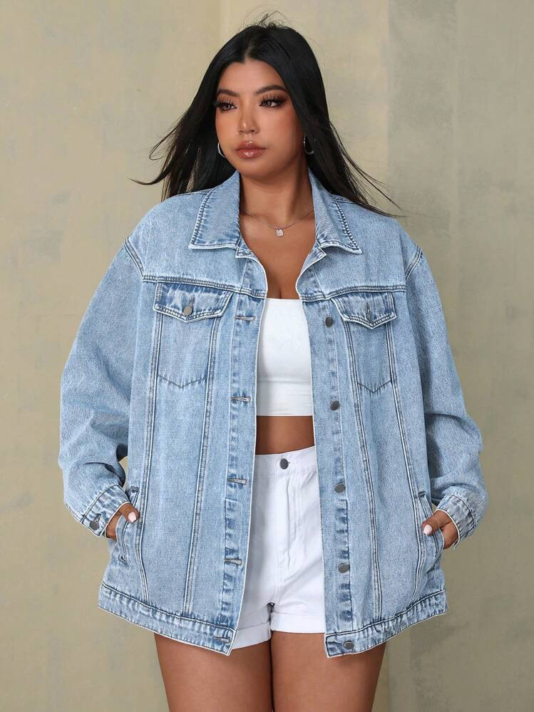 SHEIN EZwear Plus Size Women's Casual Loose Fit Drop Shoulder Long Sleeve Denim Jacket, Spring Au... | SHEIN