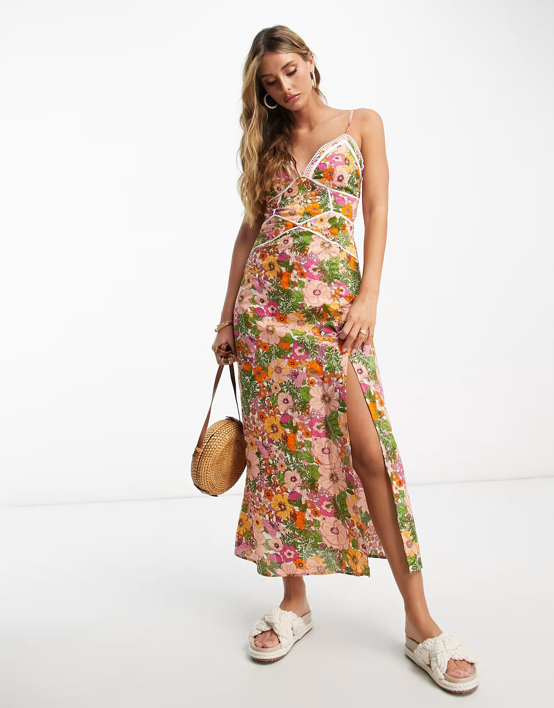 ASOS DESIGN contrast seam midi sundress with open tie back and lace trim in retro floral print | ASOS (Global)