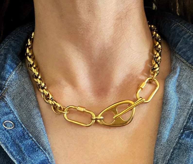 Gold chunky necklace, carabiner link choker, thick gold modern chain necklace, large gold collar,... | Etsy (US)
