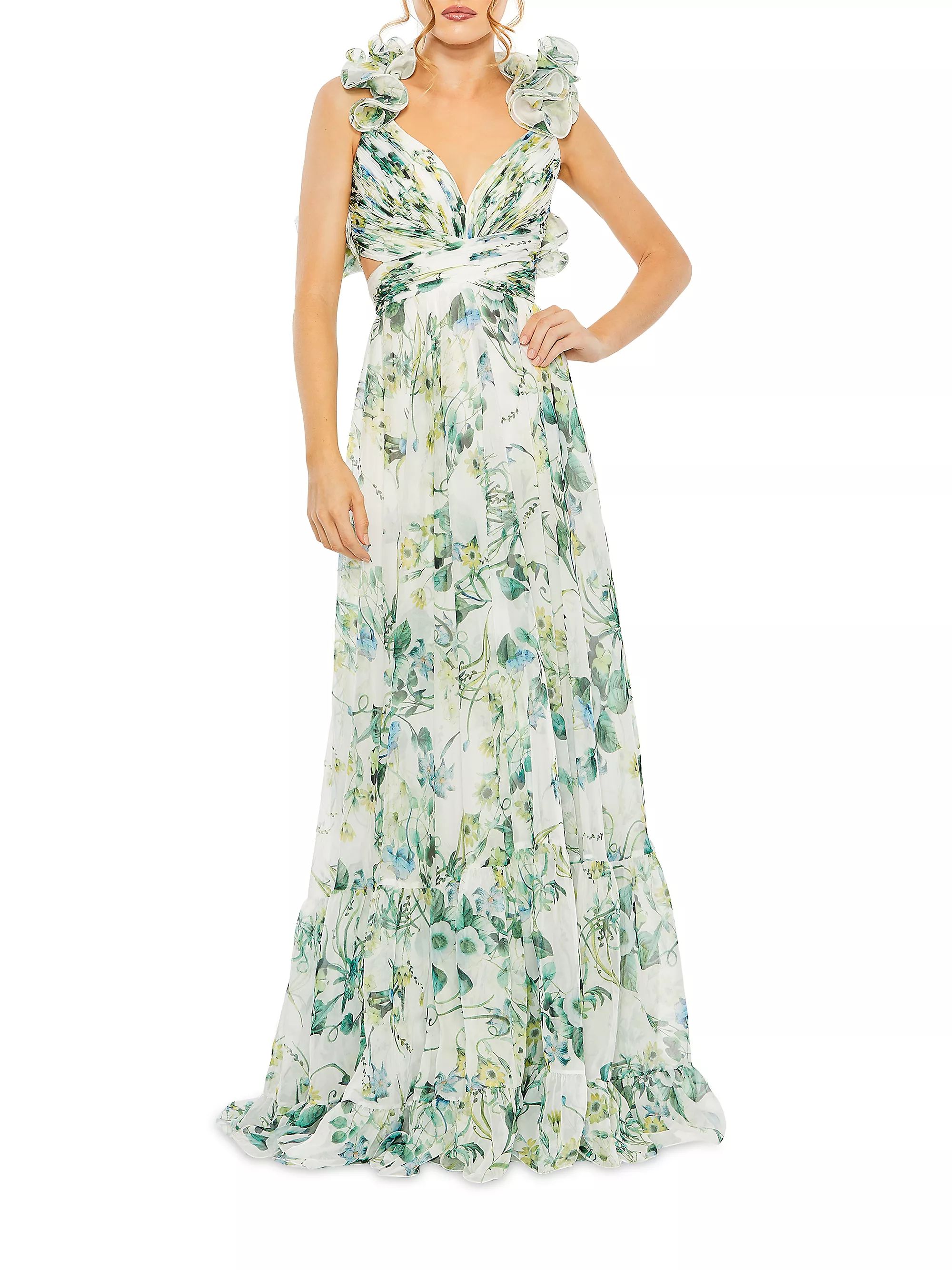 Floral Chiffon Ruffle Lace-Up Gown | Saks Fifth Avenue