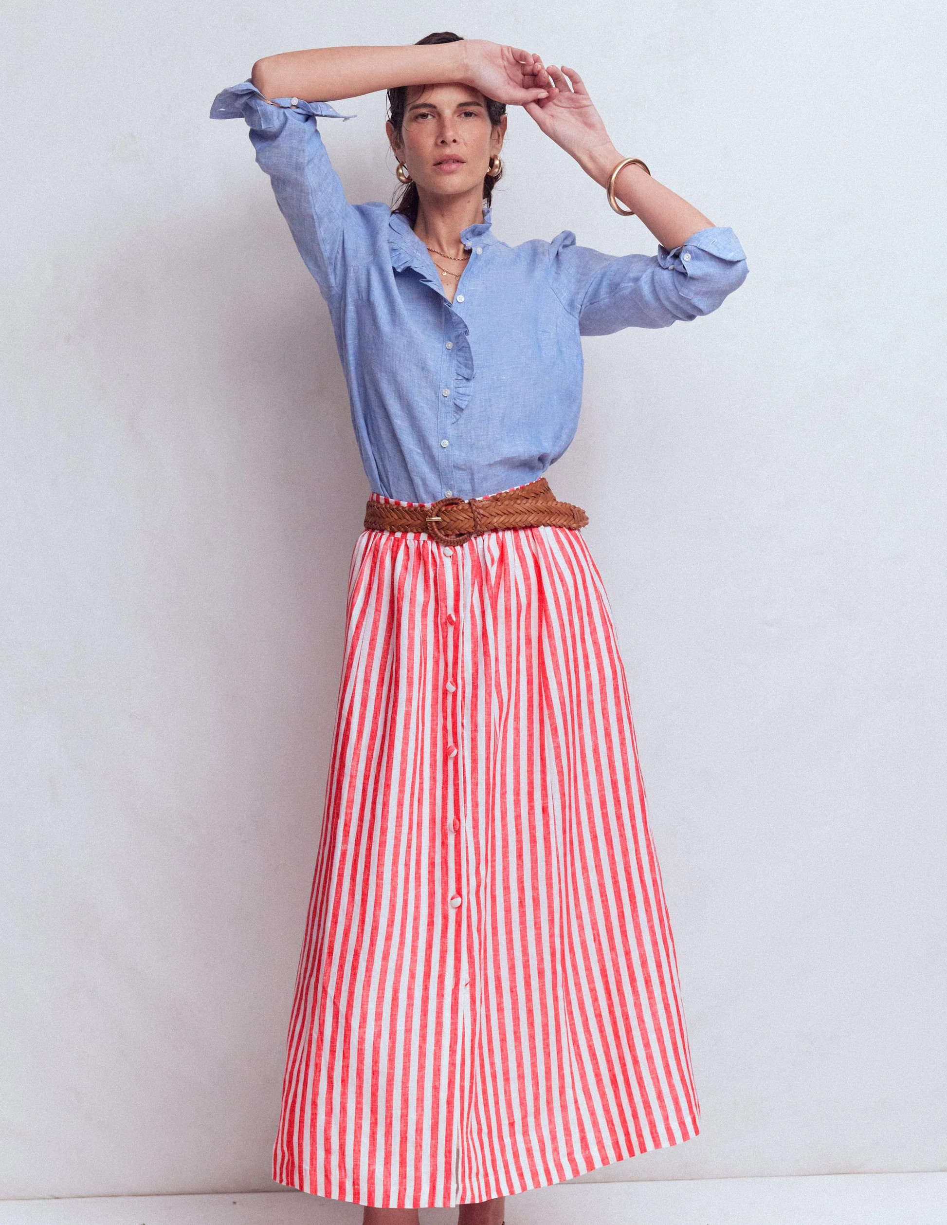 Emma Linen Maxi Skirt-Bright Cherry and Ivory Stripe | Boden UK