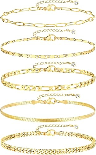 Gold Ankle Bracelets for Women, 14k Gold Plated Waterproof Cuban Link Chain Anklets Set, Layered ... | Amazon (US)