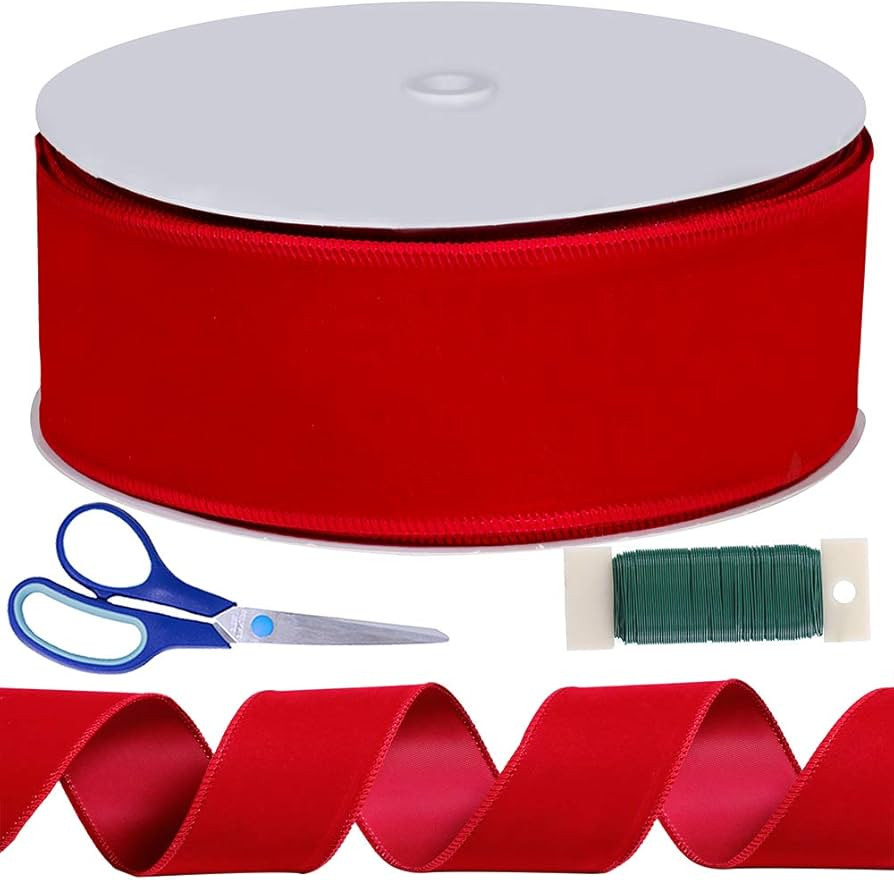 Winlyn 50 Yards Christmas Red Velvet Wired Ribbon 2-1/2" Wide Large Xmas Ribbon Trim Gift Wrappin... | Amazon (US)