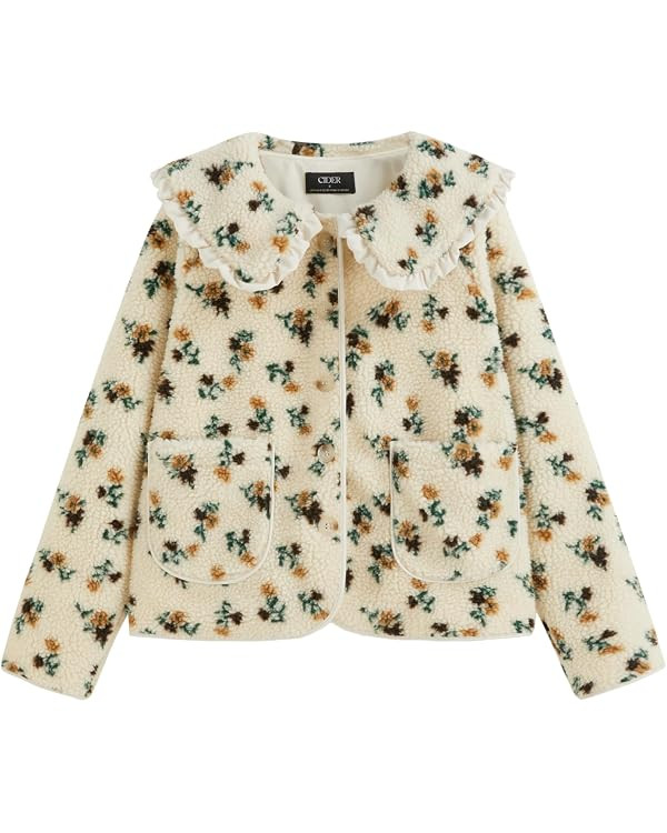 CIDER Fleece Jacket Women Floral Print Ruffled Collar Coat | Amazon (US)