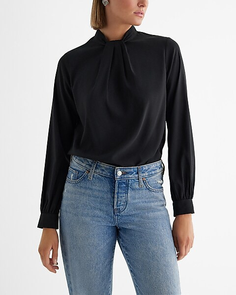 Satin Twist Mock Neck Long Sleeve Top | Express