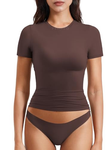 YEOREO Women Fitted Workout Tops Short Sleeve Double Lined Basic Y2K Going Out Crew Neck Compression Crop Top Coffee XS | Amazon (US)