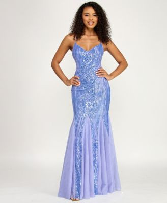 B Darlin Juniors Spaghetti Strap V Neck Pattern Sequin Gown with Godet Skirt  - Macy's | Macy's