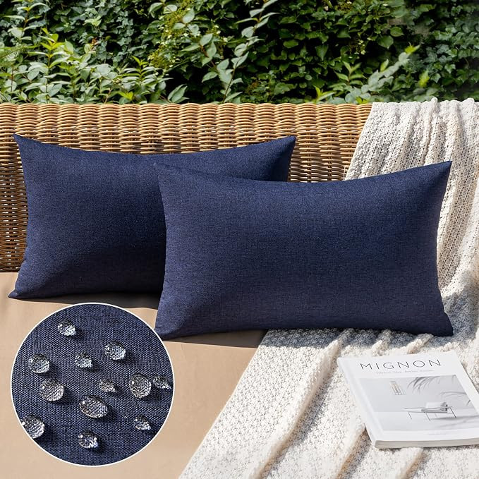MIULEE Decorative Outdoor Pillow Covers Lumbar Waterproof 12x20 Navy | Solid Faux Linen Throw Pil... | Amazon (US)