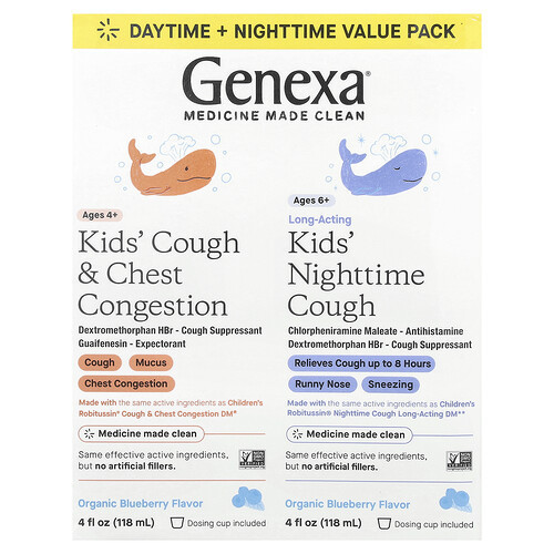 Genexa, Kids' Cough & Chest Congestion Ages 4+, Kids' Nighttime Cough Ages 6+, Organic Blueberry, 2 Pack, 4 fl oz (118 ml) Each | iHerb