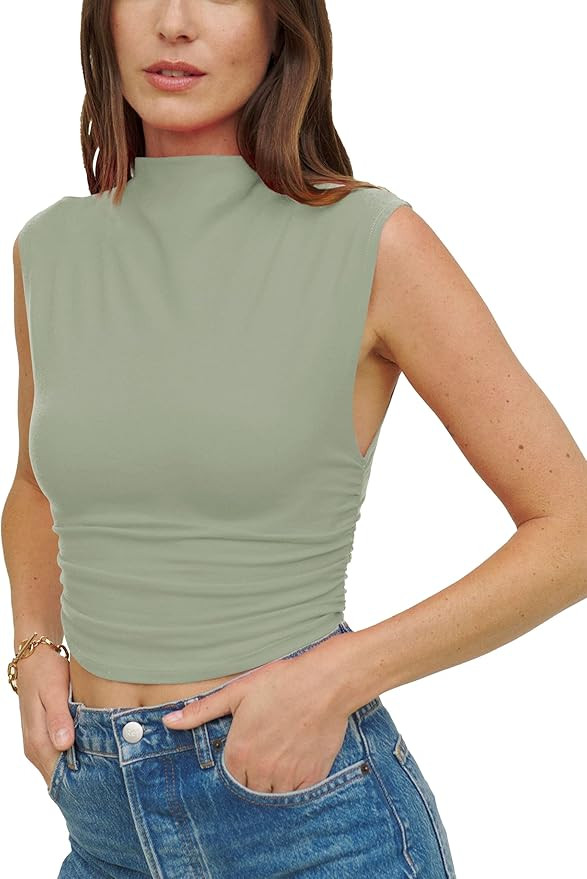 KAMISSY Cotton Sleeveless Mock Neck Crop Tops for Women Causal Ruched Summer Going Out Tank Tops ... | Amazon (US)